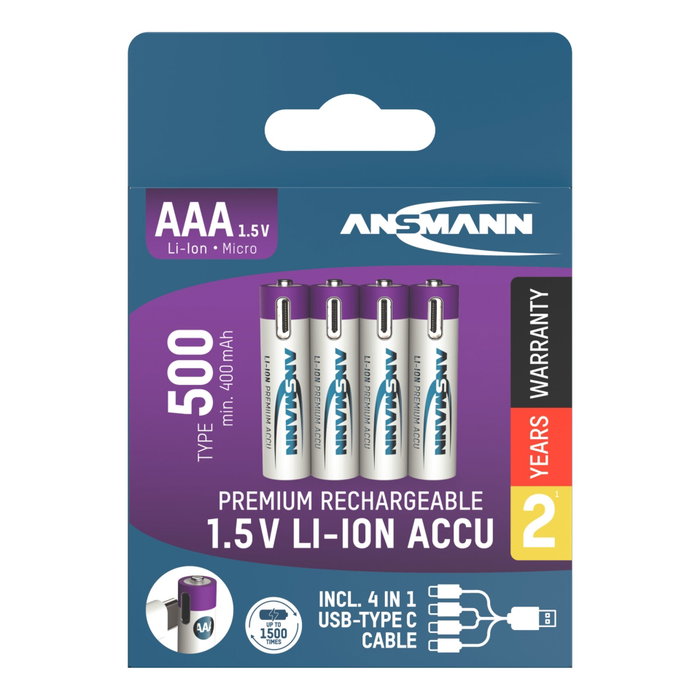 Ansmann Pack de 4 Pilas Recargables AAA Lithium-ion 400mAh con Cable USB-C Ansmann Pack de 4 Pilas Recargables AAA Lithium-ion 400mAh con Cable USB-C