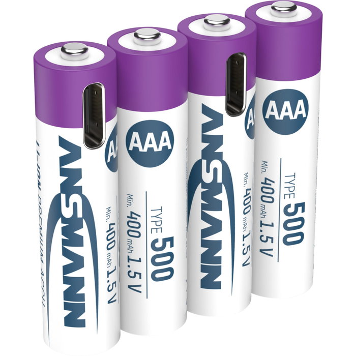 Ansmann Pack de 4 Pilas Recargables AAA Lithium-ion 400mAh con Cable USB-C Ansmann Pack de 4 Pilas Recargables AAA Lithium-ion 400mAh con Cable USB-C