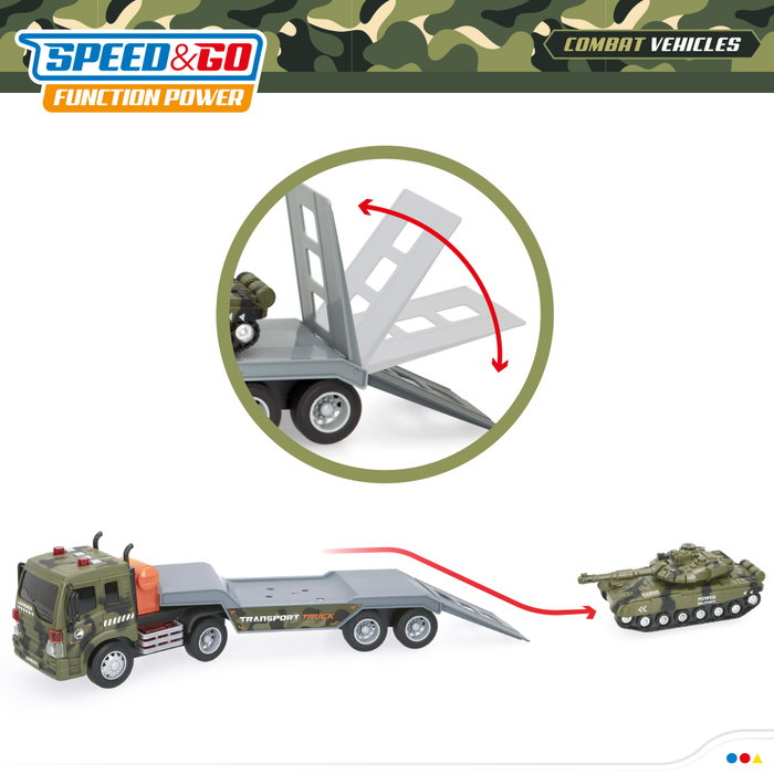 Speed & Go Camión de juguete portacoches militares con luz y sonido