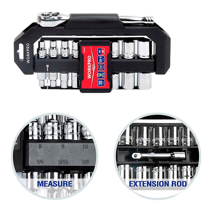 Workpro Juego de Carraca y Vasos 3/8 Pulgadas, Soporte Giratorio, 20 Piezas, Métrico-SAE, Acero Cromo Vanadio