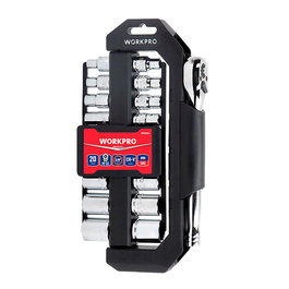 Workpro Juego de Carraca y Vasos 3/8 Pulgadas, Soporte Giratorio, 20 Piezas, Métrico-SAE, Acero Cromo Vanadio