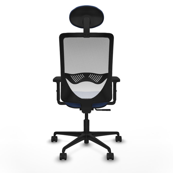 Silla de oficina Zulema con mecanismo Sincro tapizada con Tela color Azul marino y malla color Blanco. Equipada con lumbar 1D, Brazos 2D, Cabecero Fijo y Ruedas 65mm nailon