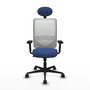 Silla de oficina Zulema con mecanismo Sincro tapizada con Tela color Azul marino y malla color Blanco. Equipada con lumbar 1D, Brazos 2D, Cabecero Fijo y Ruedas 65mm nailon