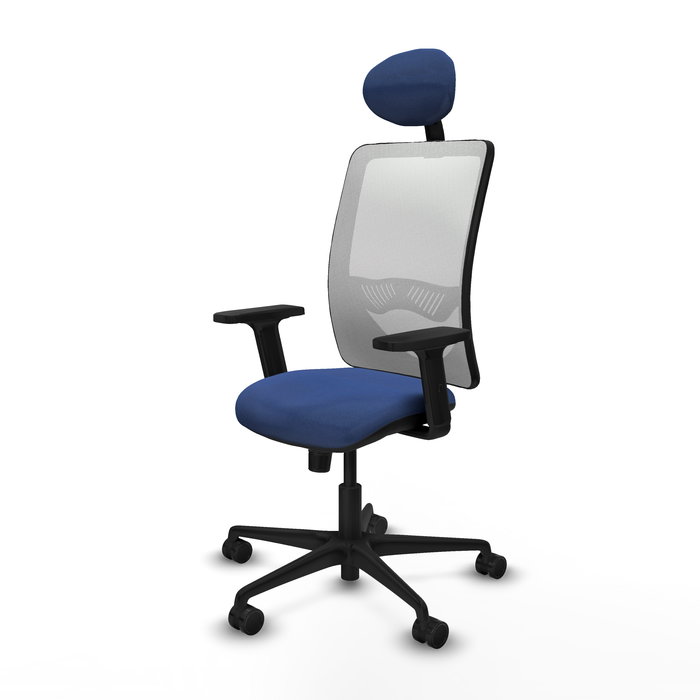 Silla de oficina Zulema con mecanismo Sincro tapizada con Tela color Azul marino y malla color Blanco. Equipada con lumbar 1D, Brazos 2D, Cabecero Fijo y Ruedas 65mm nailon