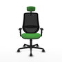 Silla de oficina Mardos con mecanismo Sincro tapizada con Tela color Verde y malla color Negro. Equipada con lumbar 1D, Brazos 1D, Cabecero 2D y Ruedas 65mm nailon