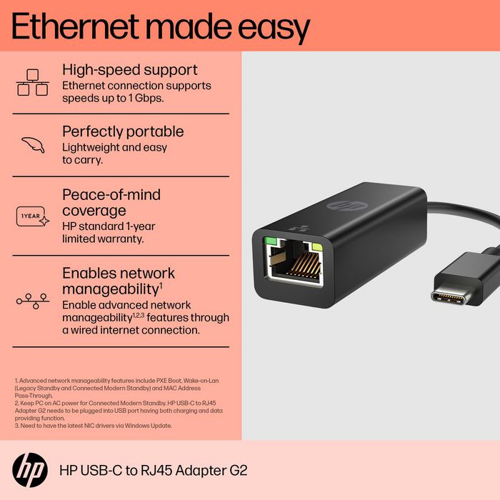 HP Adaptador USB-C a RJ45 G2 Ethernet para Conexión de Red Rápida y Fiable