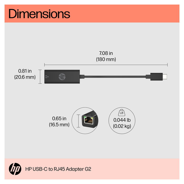 HP Adaptador USB-C a RJ45 G2 Negro HP Adaptador USB-C a RJ45 G2 Negro