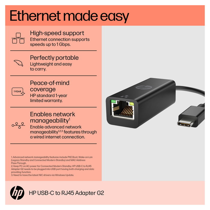 HP Adaptador USB-C a RJ45 G2 Negro HP Adaptador USB-C a RJ45 G2 Negro