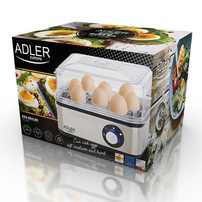 Adler Cocedor de Huevos AD 4486 - Hasta 8 Huevos, 800W, Apagado Automático, Incluye Molde para Huevos Fritos
