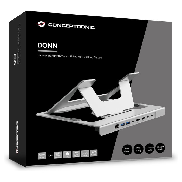 Conceptronic DONN35S Soporte para ordenador portátil y estación de acoplamiento 7 en 1, Plata Conceptronic DONN35S Soporte para ordenador portátil y estación de acoplamiento 7 en 1, Plata