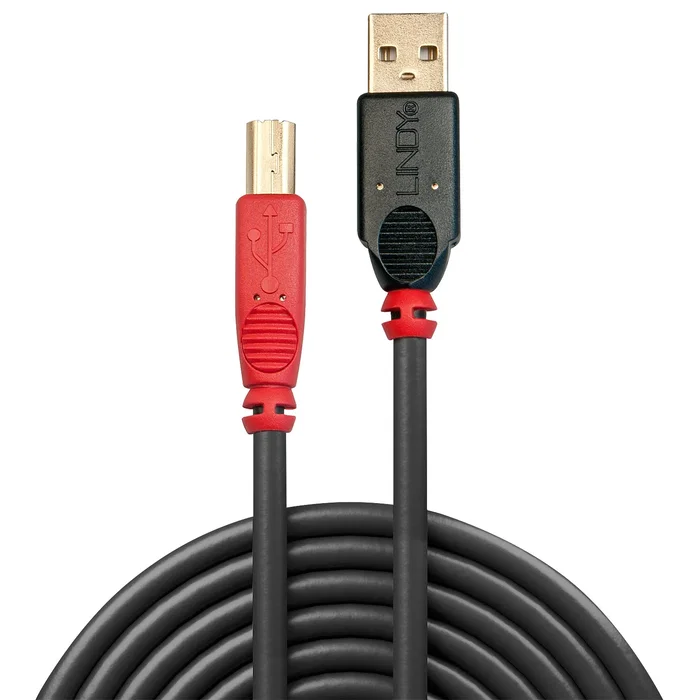 Lindy Cable USB 2.0 Activo de 15 m, USB A a USB B, Negro y Rojo