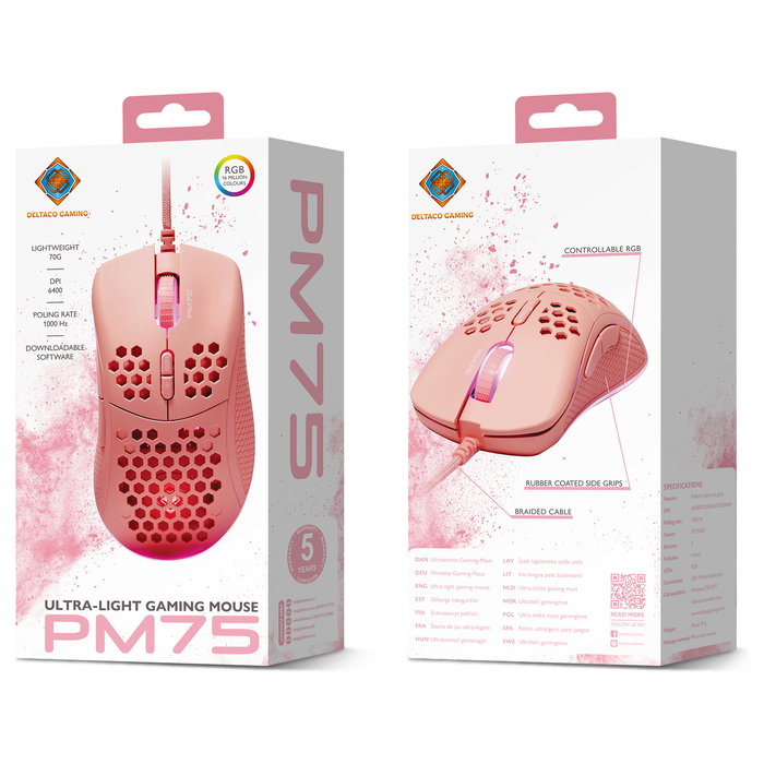 Deltaco Gaming GAM-108-P Ratón Gaming RGB 6400 DPI Alámbrico USB 7 Botones Ergonómico Color Rosa para Juegos PC