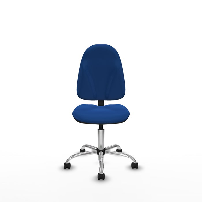 Silla de oficina Algarra con mecanismo Contacto permanente básico tapizada con Similpiel color Azul. Equipada con Base cromada, Sin brazos y Ruedas de parqué