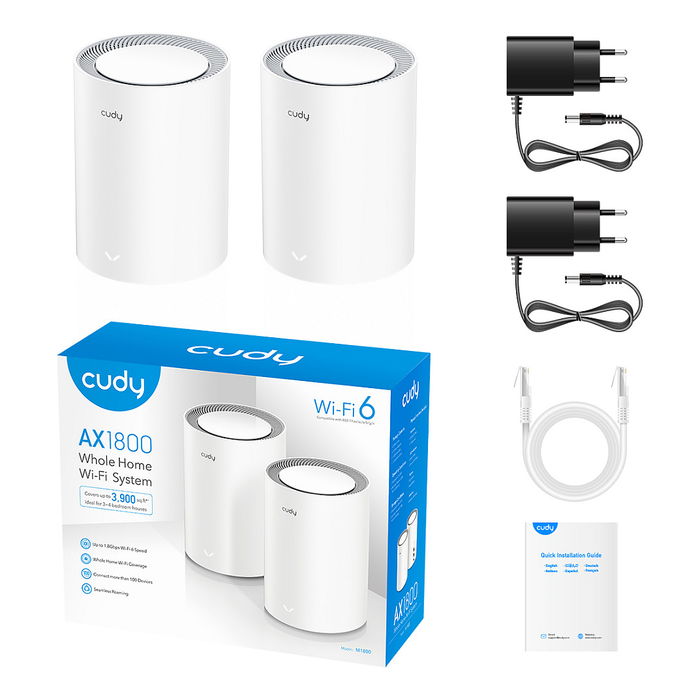 Cudy M3000 Sistema de Malla Wi-Fi 6 Mesh AX3000 con Puerto 2.5G, Doble Banda, Cobertura hasta 400 m², Pack de 2 Unidades, Color Gris y Blanco