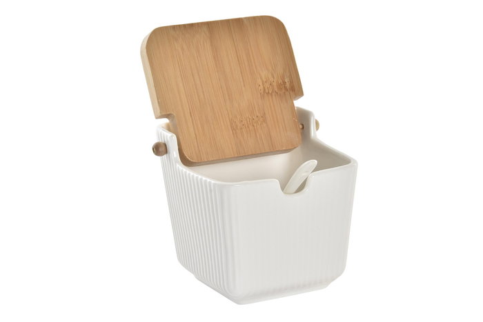 DKD Home Decor Azucarero de Porcelana y Bambú Blanco y Natural