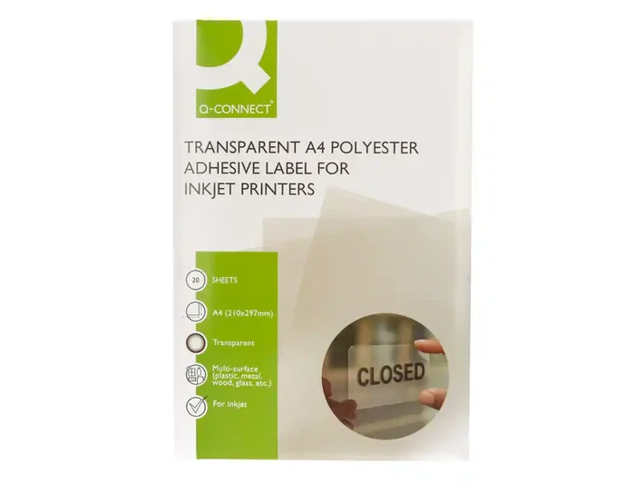 Q-connect Vinilo Adhesivo A4 Transparente para Impresoras Inkjet, Poliéster, Pack 20 Hojas