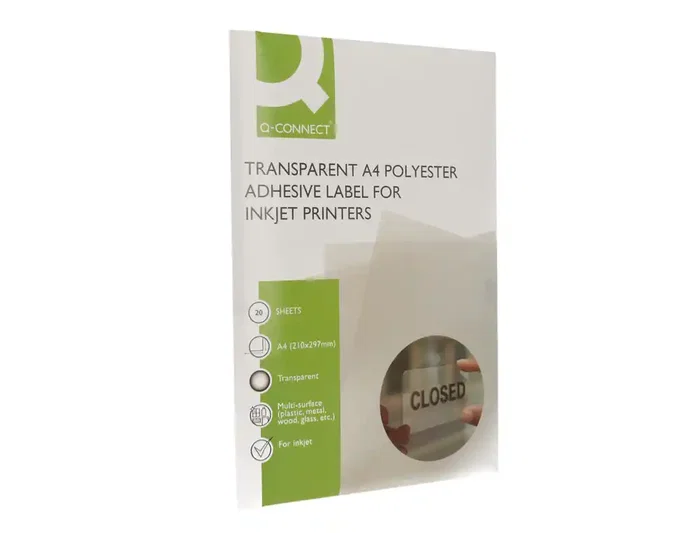 Q-connect Vinilo Adhesivo A4 Transparente para Impresoras Inkjet, Poliéster, Pack 20 Hojas