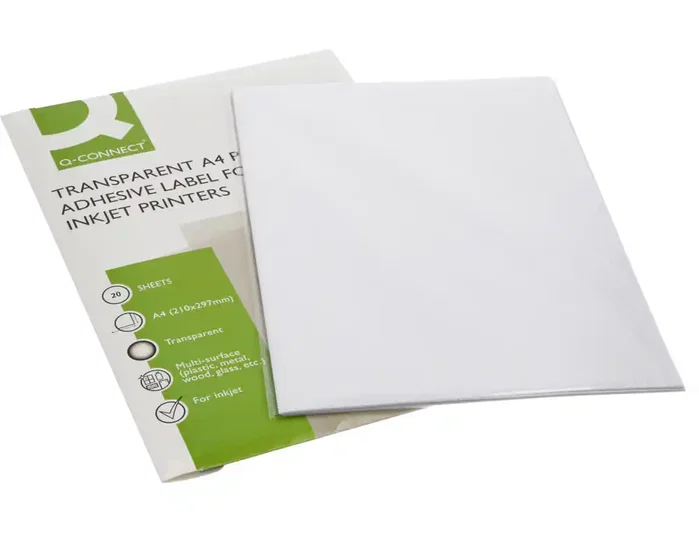 Q-connect Vinilo Adhesivo A4 Transparente para Impresoras Inkjet, Poliéster, Pack 20 Hojas