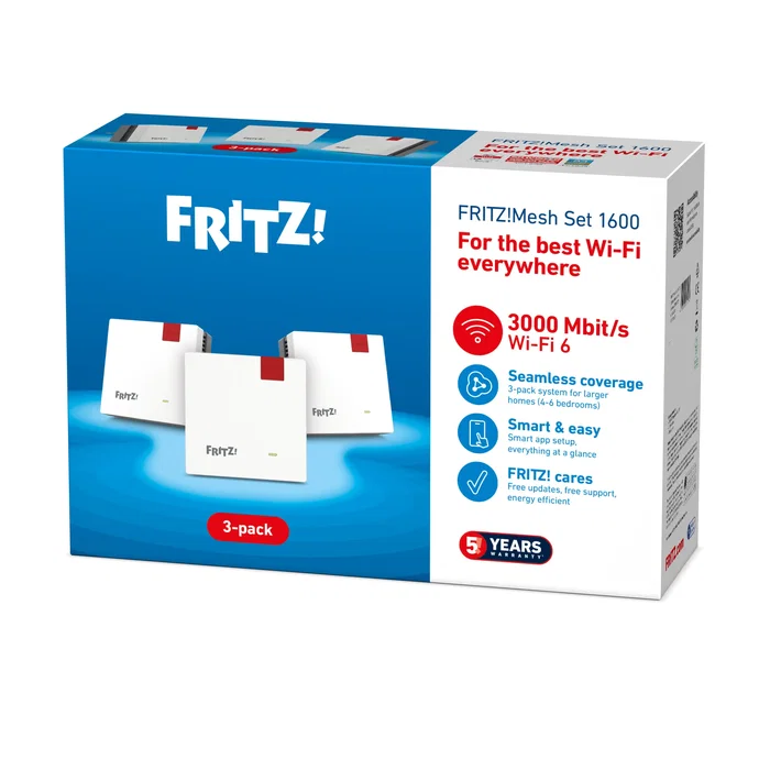 Fritz! Mesh Set 1600 3-Pack (Sistema de malla Wi-Fi 6, 3000 Mbps, Doble banda 2.4/5 GHz, Rojo/Blanco, Interno)