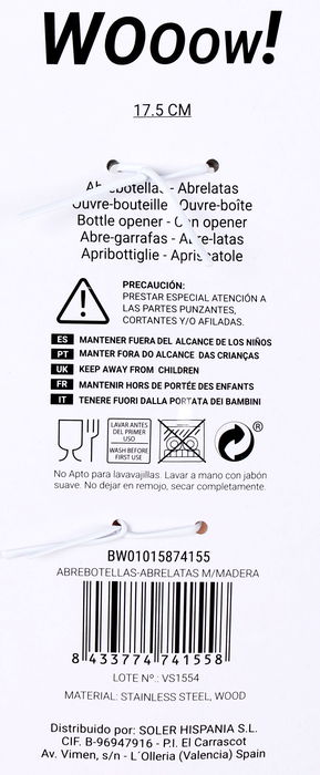 Wooow Abridor de Botellas y Latas con Mango de Madera Privilege 17,5 cm Largo x 4,5 cm Ancho x 2,4 cm Alto (36 Unidades)
