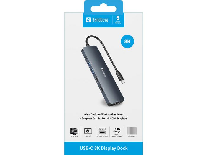 Sandberg Dock Display USB-C Dual 8K - Hub Multi-Monitor con HDMI, DisplayPort, RJ45, 2 x USB 3.0 y Carga USB-C PD 100W