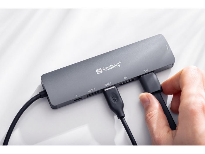 Sandberg Dock Display USB-C Dual 8K - Hub Multi-Monitor con HDMI, DisplayPort, RJ45, 2 x USB 3.0 y Carga USB-C PD 100W