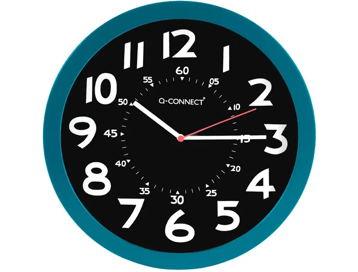 Q-connect Reloj de Pared Redondo de Plástico para Oficina, 30 cm, Color Azul y Esfera Negra