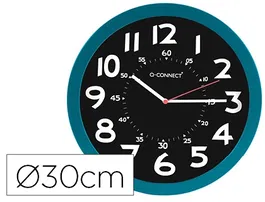 Q-connect Reloj de Pared Redondo de Plástico para Oficina, 30 cm, Color Azul y Esfera Negra