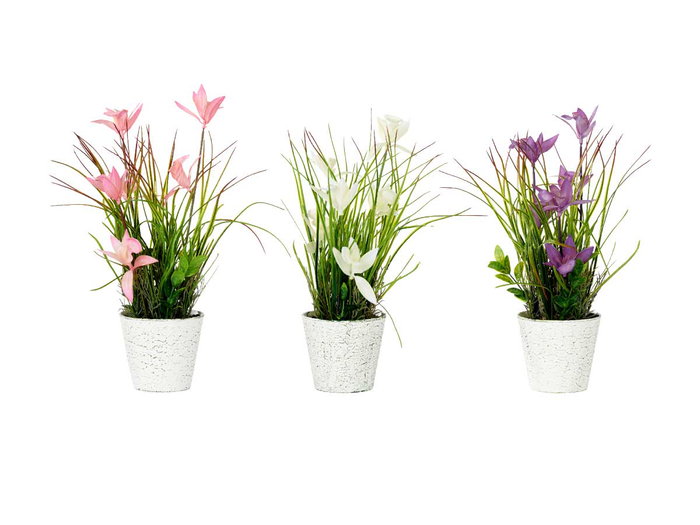 IBERGARDEN Maceta Envejecida con Flores Surtidas Colores Blanco Lila Rosa 22x37.5x15 cm (Set de 12)