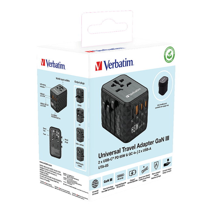 Verbatim Adaptador Universal de Viaje UTA-05 con 2 Puertos USB-C y 2 Puertos USB-A, Carga Rápida