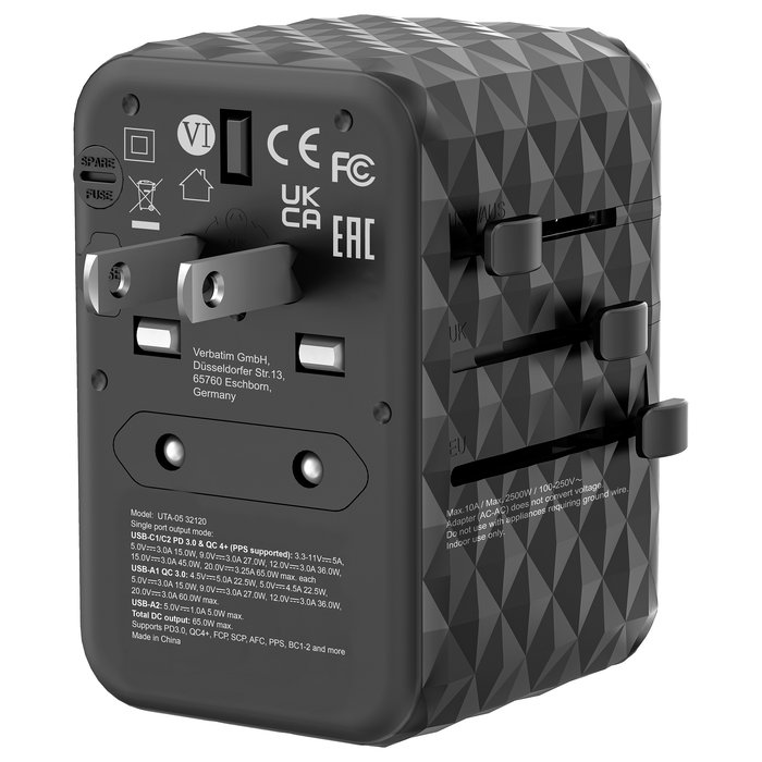 Verbatim Adaptador Universal de Viaje UTA-05 con 2 Puertos USB-C y 2 Puertos USB-A, Carga Rápida