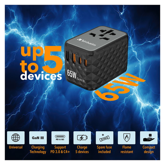 Verbatim Adaptador Universal de Viaje UTA-05 con 2 Puertos USB-C y 2 Puertos USB-A, Carga Rápida