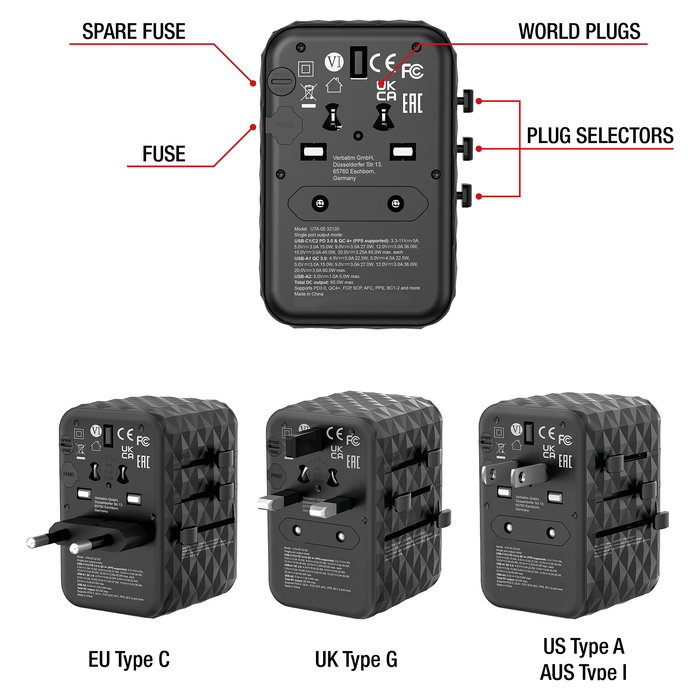 Verbatim Adaptador Universal de Viaje UTA-05 con 2 Puertos USB-C y 2 Puertos USB-A, Carga Rápida