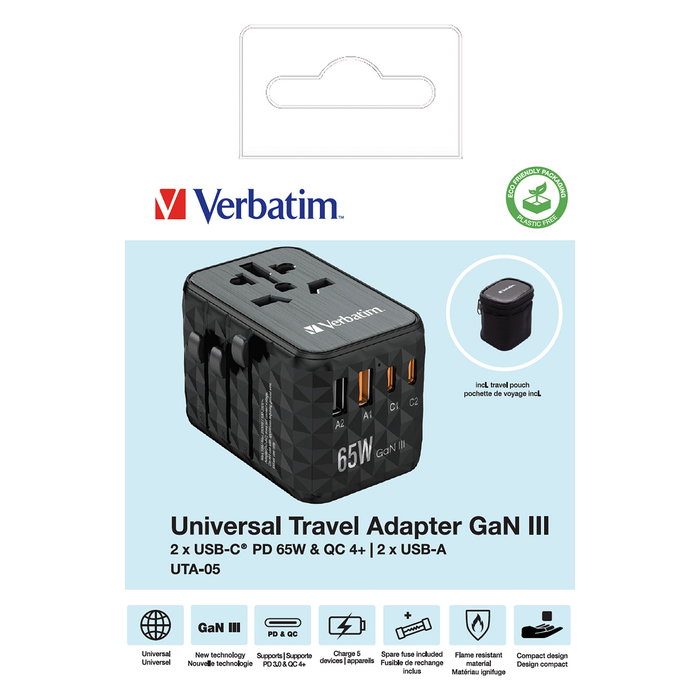 Verbatim Adaptador Universal de Viaje UTA-05 con 2 Puertos USB-C y 2 Puertos USB-A, Carga Rápida