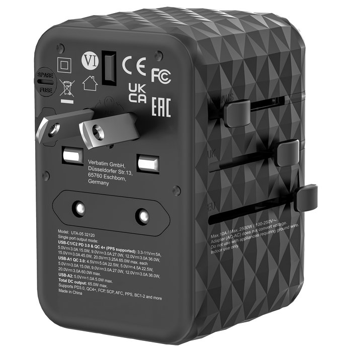 Verbatim Adaptador Universal de Viaje UTA-05 con 2 Puertos USB-C y 2 Puertos USB-A, Carga Rápida