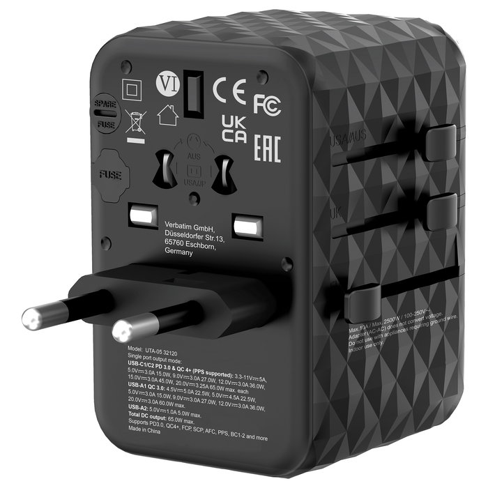 Verbatim Adaptador Universal de Viaje UTA-05 con 2 Puertos USB-C y 2 Puertos USB-A, Carga Rápida