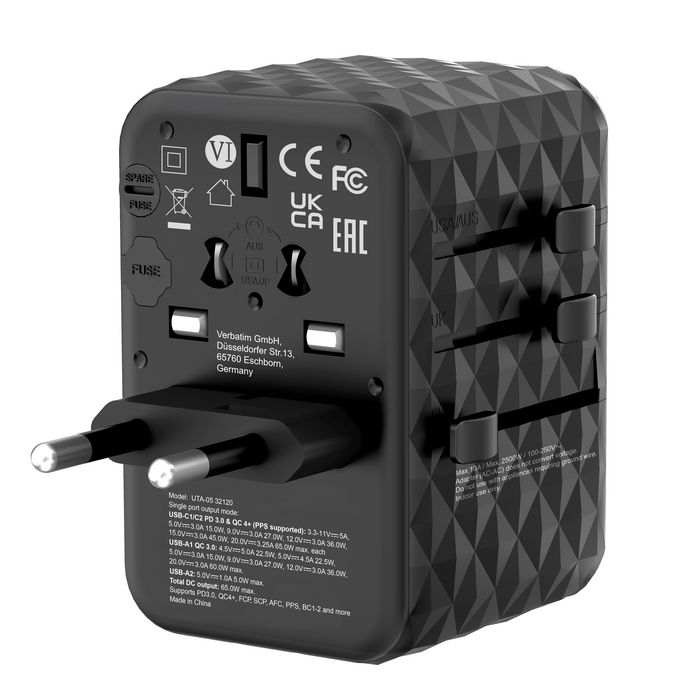 Verbatim UTA-05 Adaptador de Viaje Universal GaN III con 2 USB-C y 2 USB-A 65W Verbatim UTA-05 Adaptador de Viaje Universal GaN III con 2 USB-C y 2 USB-A 65W