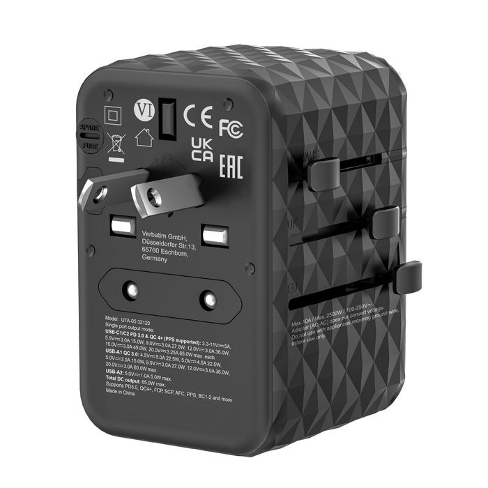 Verbatim UTA-05 Adaptador de Viaje Universal GaN III con 2 USB-C y 2 USB-A 65W Verbatim UTA-05 Adaptador de Viaje Universal GaN III con 2 USB-C y 2 USB-A 65W
