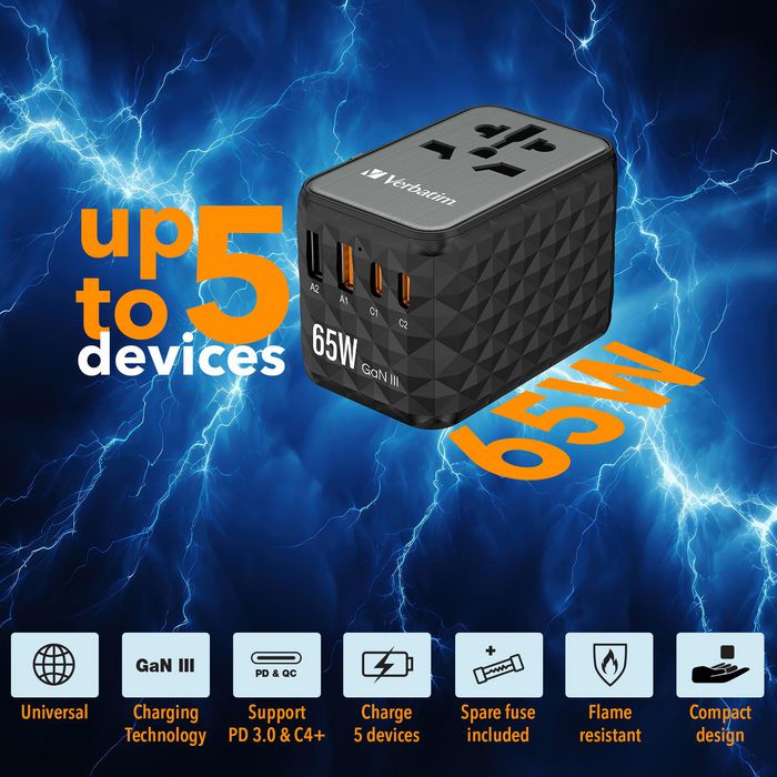Verbatim UTA-05 Adaptador de Viaje Universal GaN III con 2 USB-C y 2 USB-A 65W Verbatim UTA-05 Adaptador de Viaje Universal GaN III con 2 USB-C y 2 USB-A 65W