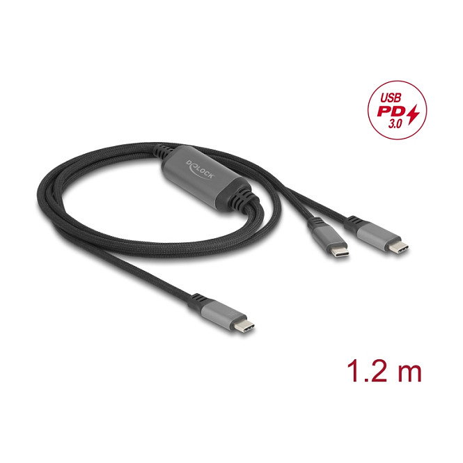 DeLOCK Cable USB-C™ en Y 1 x Macho a 2 x Macho PD 3.0 100 W 1,2 m
