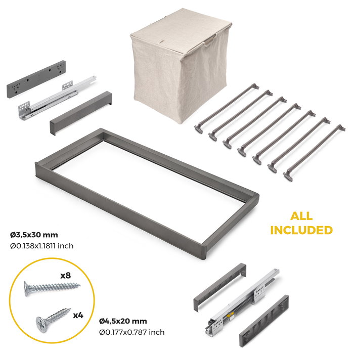 Emuca Kit de pantalonero de 7 varillas, cesto y bastidor regulable Quartz para armarios, guías de cierre suave y extracción total, Módulo 80cm, Acabado Titanio