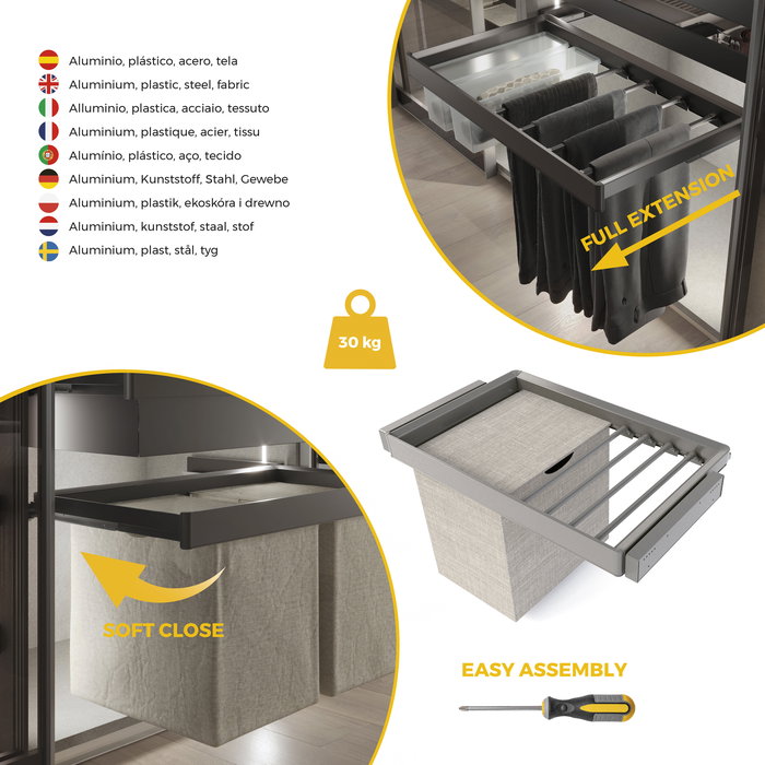 Emuca Kit de pantalonero de 7 varillas, cesto y bastidor regulable Quartz para armarios, guías de cierre suave y extracción total, Módulo 80cm, Acabado Titanio