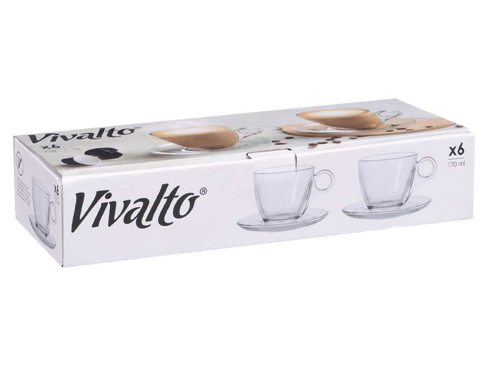 Vivalto Taza de Café de Vidrio 170ml con Plato 12.2x8x12.2cm Transparente (Set de 24)