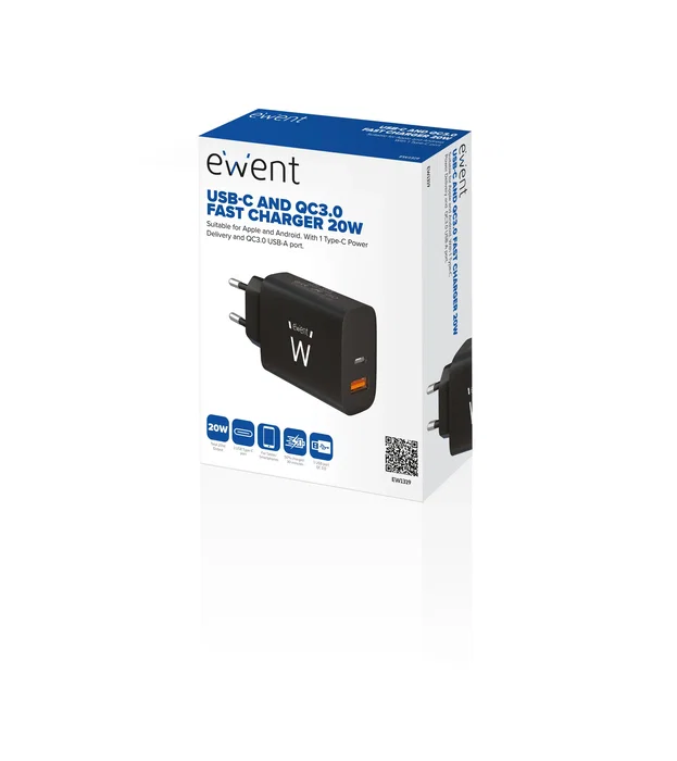 Ewent EW1319 Cargador Rápido de 20W USB-C y QC3.0 Negro