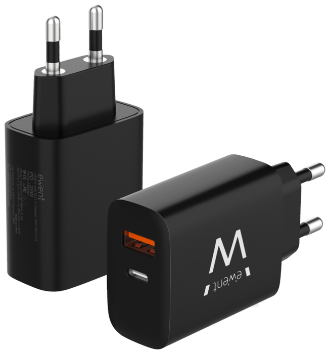 Ewent EW1319 Cargador de Pared Rápido 20W USB-C y QC3.0 Negro