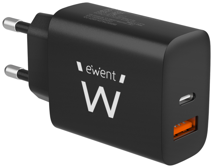 Ewent EW1319 Cargador de Pared Rápido 20W USB-C y QC3.0 Negro
