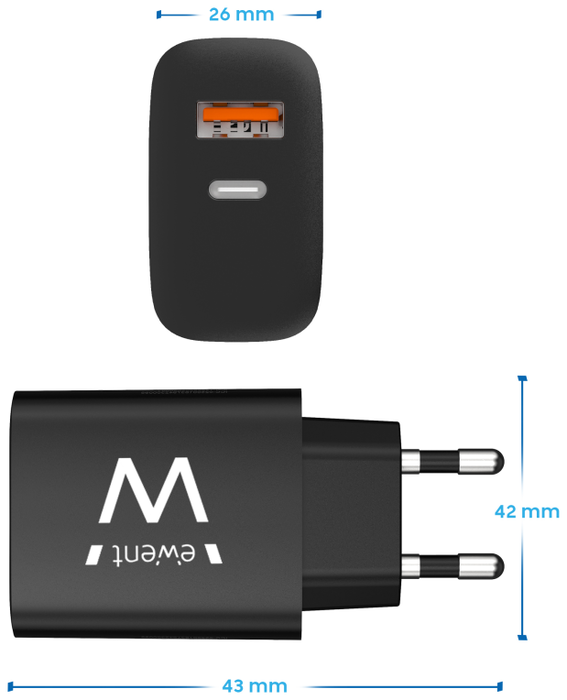 Ewent EW1319 Cargador de Pared Rápido 20W USB-C y QC3.0 Negro