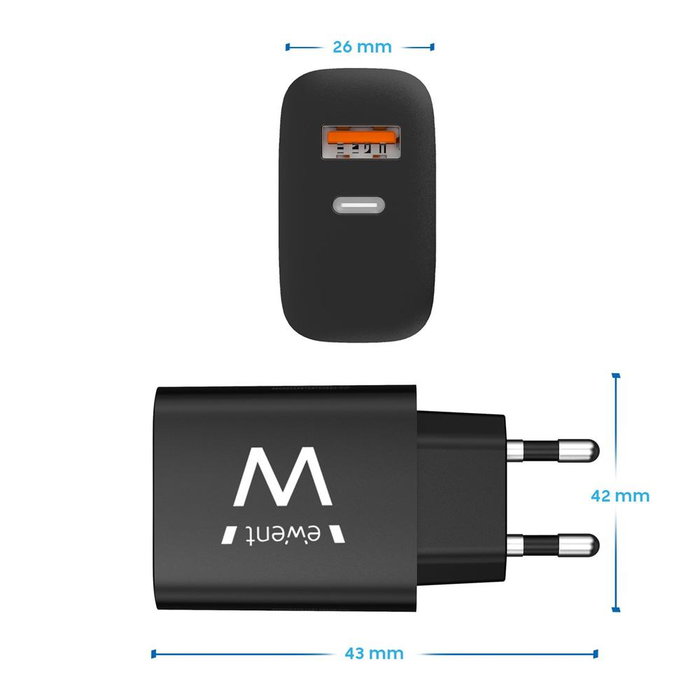 Ewent EW1319 Cargador Rápido 20W USB-C y QC3.0 Power Delivery para iPhone 15/14 y Android