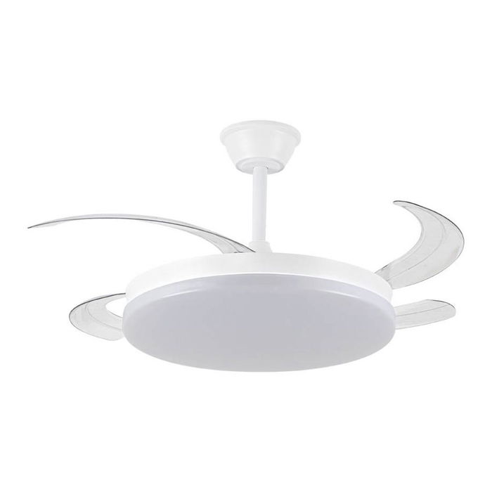 Cristalrecord Milky L Evo Smart - Ventilador de Techo con LED (3CCT, 72W, 7920 lm), Aspas Retráctiles, 120 cm, Blanco, Control por App y Mando