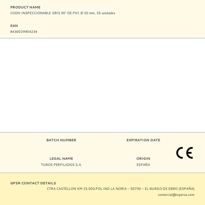 Tupersa Codo Inspeccionable Gris 90° PVC Ø 20 mm, Unión de Tubo Rígido, 25 Unidades
